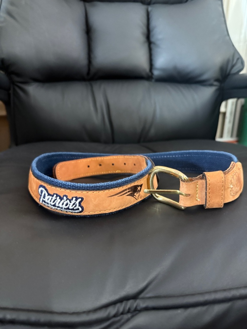 New England Patriots Brown Suede Leather Belt with Navy Trim